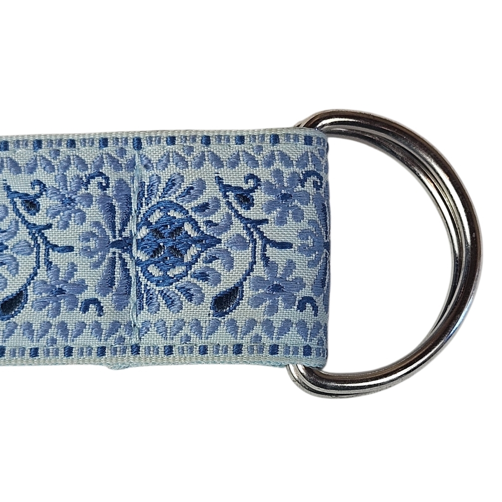 Light Blue Floral Jacquard Fabric Belt with Double Ring Buckle - Picture 3 of 5